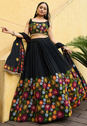 Embroidered Georgette Lehenga in Black