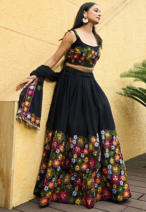 Embroidered Georgette Lehenga in Black