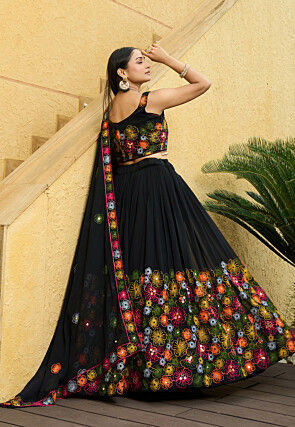 Embroidered Georgette Lehenga in Black