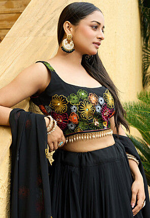 Embroidered Georgette Lehenga in Black