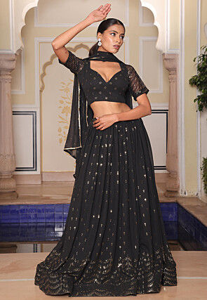 Embroidered Georgette Lehenga in Black