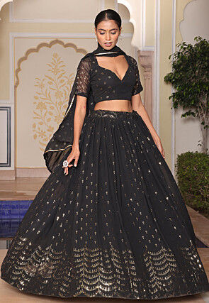 Embroidered Georgette Lehenga in Black
