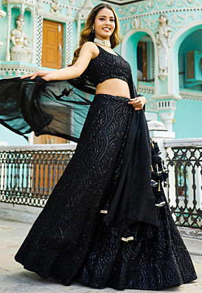 Embroidered Georgette Lehenga in Black
