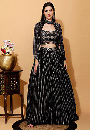 Embroidered Georgette Lehenga in Black