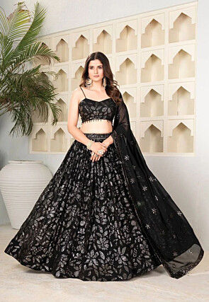 Embroidered Georgette Lehenga in Black
