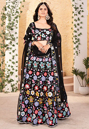 Embroidered Georgette Lehenga in Black