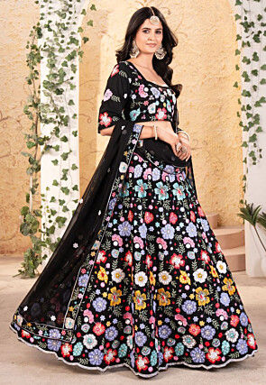 Embroidered Georgette Lehenga in Black