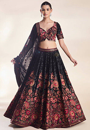 Embroidered Georgette Lehenga in Black