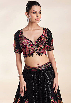 Embroidered Georgette Lehenga in Black