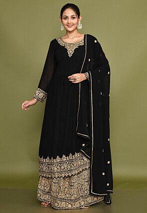 Embroidered Georgette Lehenga in Black