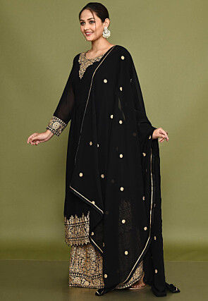 Embroidered Georgette Lehenga in Black