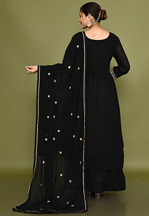 Embroidered Georgette Lehenga in Black