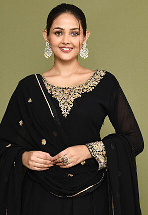 Embroidered Georgette Lehenga in Black