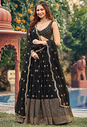 Embroidered Georgette Lehenga in Black
