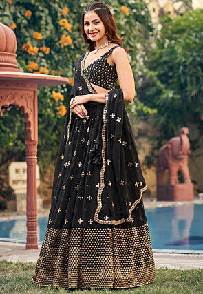 Embroidered Georgette Lehenga in Black