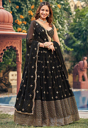 Embroidered Georgette Lehenga in Black