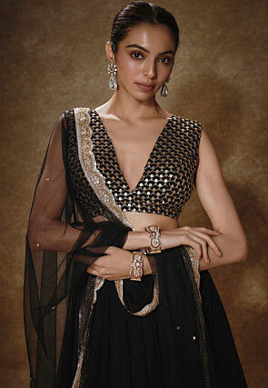 Embroidered Georgette Lehenga in Black