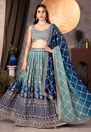 Embroidered Georgette Lehenga in Blue Ombre
