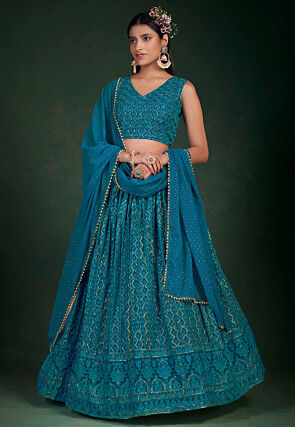 Embroidered Georgette Lehenga in Blue