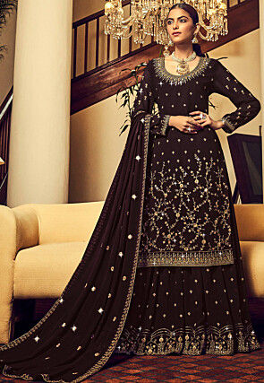 Embroidered Georgette Lehenga in Brown