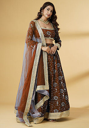 Embroidered Georgette Lehenga in Brown