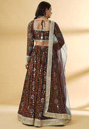 Embroidered Georgette Lehenga in Brown