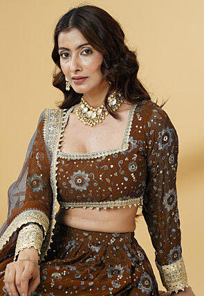 Embroidered Georgette Lehenga in Brown