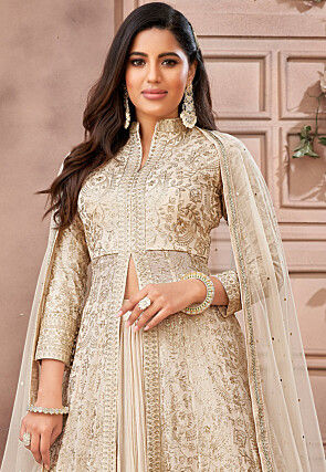Embroidered Georgette Lehenga in Cream