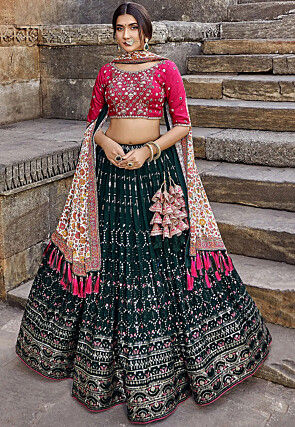 Shop Bollywood Lehenga - Green And Pink Multi Embroidery Wedding Lehenga  Choli At Hatkay