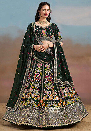 Embroidered Georgette Lehenga in Dark Green