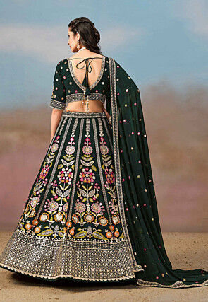Embroidered Georgette Lehenga in Dark Green