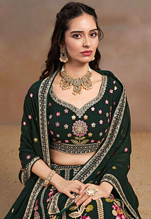 Embroidered Georgette Lehenga in Dark Green