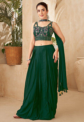 Embroidered Georgette Lehenga in Dark Green