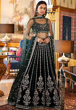 Embroidered Georgette Lehenga in Dark Green