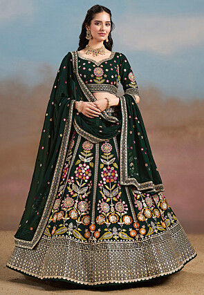 Embroidered Georgette Lehenga in Dark Green