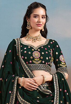 Embroidered Georgette Lehenga in Dark Green