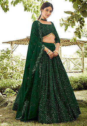 Embroidered Georgette Lehenga in Dark Green