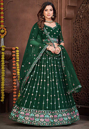 Embroidered Georgette Lehenga in Dark Green