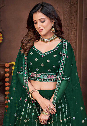 Embroidered Georgette Lehenga in Dark Green