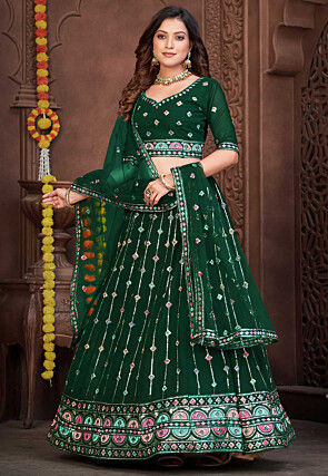 Embroidered Georgette Lehenga in Dark Green