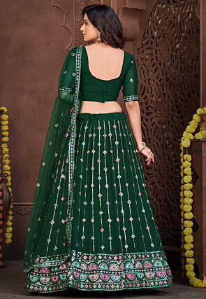 Embroidered Georgette Lehenga in Dark Green