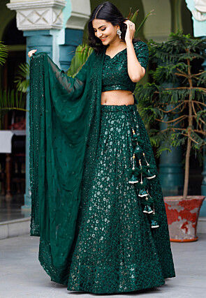 Embroidered Georgette Lehenga in Dark Green