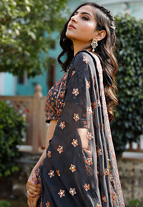 Embroidered Georgette Lehenga in Dark Grey