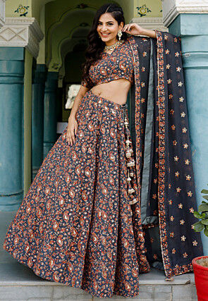 Embroidered Georgette Lehenga in Dark Grey