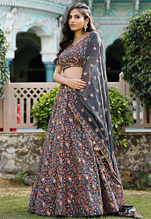 Embroidered Georgette Lehenga in Dark Grey