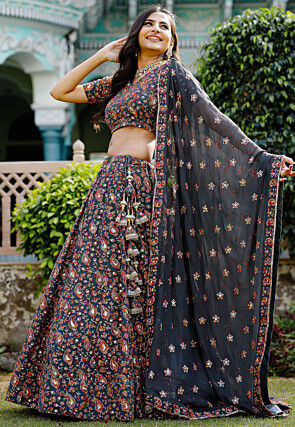 Embroidered Georgette Lehenga in Dark Grey