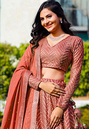 Embroidered Georgette Lehenga in Dark Peach