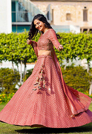 Embroidered Georgette Lehenga in Dark Peach