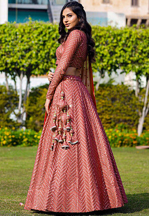 Embroidered Georgette Lehenga in Dark Peach