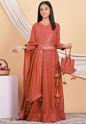 Embroidered Georgette Lehenga in Dark Peach